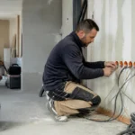 Un électricien installant des câbles dans une maison en construction, équipement visible, intérieur lumineux.