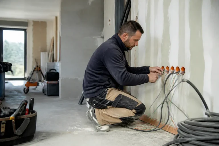 Un électricien installant des câbles dans une maison en construction, équipement visible, intérieur lumineux.